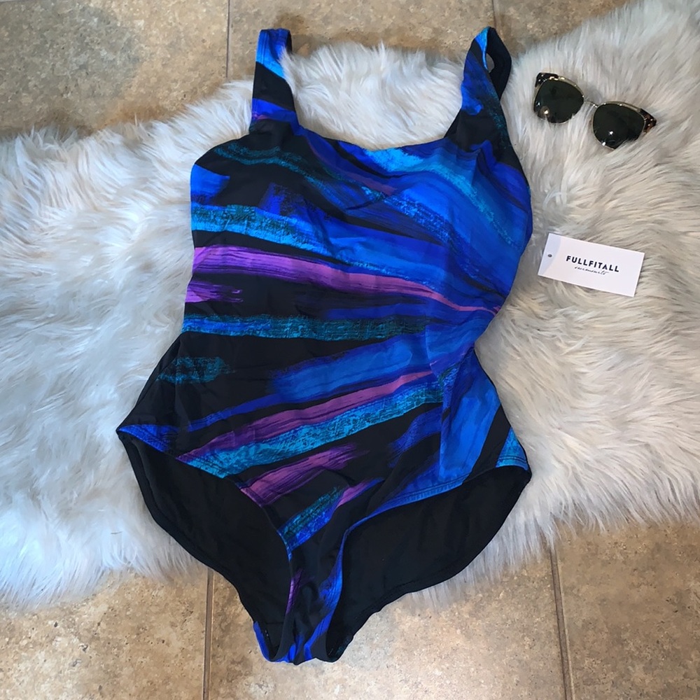 Fullfitall Black Blue Purple One Piece Swim Suit | Size 16 NWT G25030